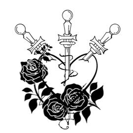 Logo of the "three of swords" tarot card cradled by three black roses on the left-hand side.